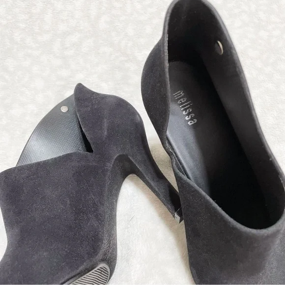 Melissa Black Bootie Drama Flocked Velvet Pointed Toe Heel Ankle Boot Fuzzy - Picture 9 of 12